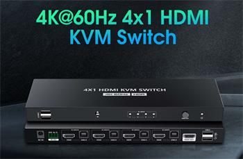 PremiumCord 4K@60Hz HDMI2.0 KVM switch 4:1 s dálkovým ovladačem; khswit41e