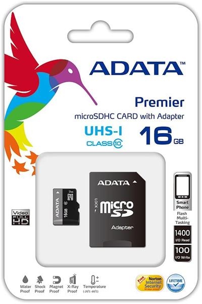 ADATA Micro SDHC Premier 16GB UHS-I + SD adaptér; AUSDH16GUICL10-RA1