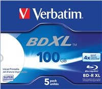 Verbatim BD-R XL (5-pack)Blu-Ray/Jewel/DL/4x/100GB/ WIDE WHITE INKJET PRINTABLE HARDCOAT SURFACE 43789; 43789