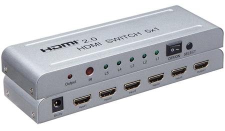 PremiumCord 4Kx2K@60Hz HDMI switch 5:1 kovový s dálkovým ovladačem a napájecím adaptérem; khswit51e
