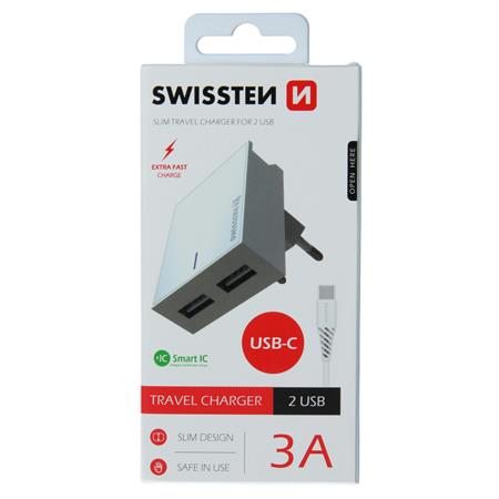 Swissten síťový adaptér smart IC 2X USB 3A power + datový kabel USB / Type C 1