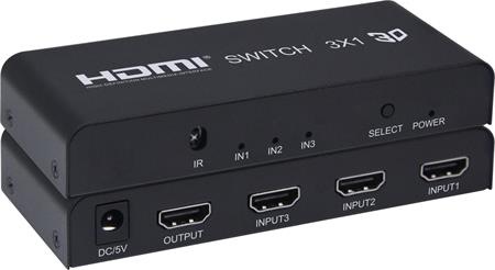 PremiumCord HDMI switch 3:1 kovový s dálkovým ovladačem a napájecím adaptérem; khswit31b