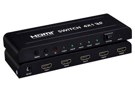 PremiumCord HDMI switch 4:1 kovový s dálkovým ovladačem a napájecím adaptérem; khswit41b