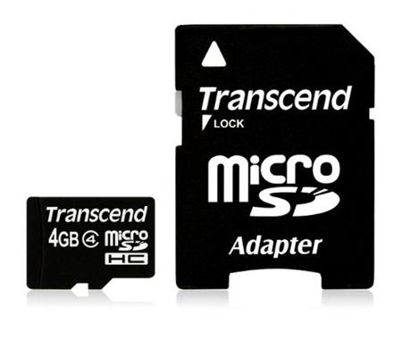 Transcend 4GB microSDHC (Class 4) paměťová karta (s adaptérem); TS4GUSDHC4