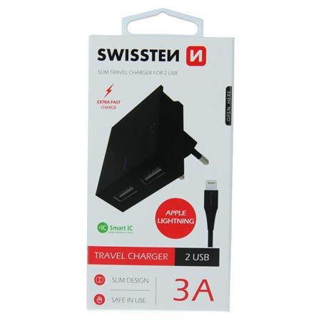 Swissten síťový adaptér smart IC 2X USB 3A power + datový kabel USB / Lightning 1