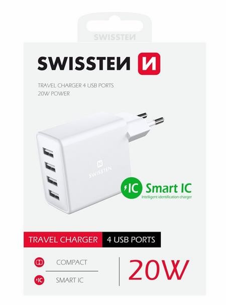 Swissten síťový adaptér 4x USB 4A 20W bílý; 22053100
