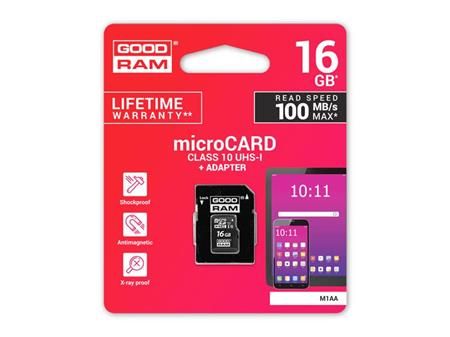 GoodRam memory card Micro SDHC 16GB Class 10 UHS-I + Adapter; M1AA-0160R12