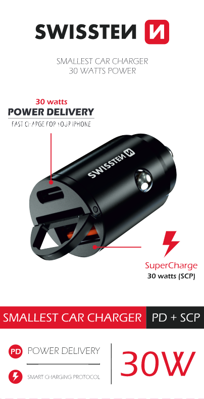 Swissten cl adaptér power delivery usb-c + super charge 3.0 30w nano černý; 20111770