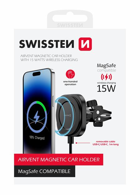 Swissten magnetický držák ventilace do auta Magstick compact s bezdrátovým nabíjením 15W/7