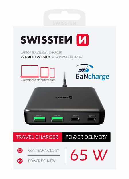 Swissten mini desktop adaptér GaN 2x USB-C + 2xUSB 65W power delivery černý; 22057100